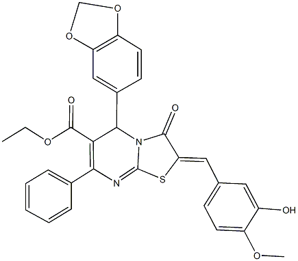 ethyl 5-(1,3-benzodioxol-5-yl)-2-(3-hydroxy-4-methoxybenzylidene)-3-oxo-7-phenyl-2,3-dihydro-5H-[1,3]thiazolo[3,2-a]pyrimidine-6-carboxylate Struktur