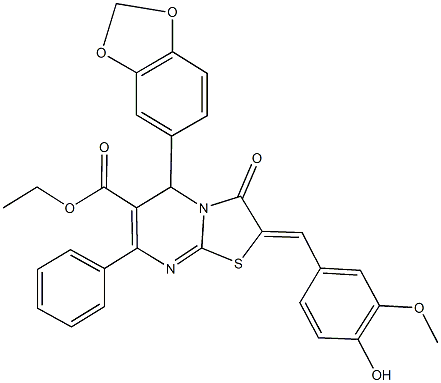 ethyl 5-(1,3-benzodioxol-5-yl)-2-(4-hydroxy-3-methoxybenzylidene)-3-oxo-7-phenyl-2,3-dihydro-5H-[1,3]thiazolo[3,2-a]pyrimidine-6-carboxylate Struktur