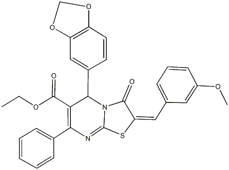 ethyl 5-(1,3-benzodioxol-5-yl)-2-(3-methoxybenzylidene)-3-oxo-7-phenyl-2,3-dihydro-5H-[1,3]thiazolo[3,2-a]pyrimidine-6-carboxylate Struktur