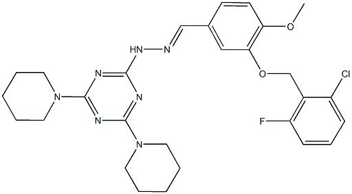 3-[(2-chloro-6-fluorobenzyl)oxy]-4-methoxybenzaldehyde [4,6-di(1-piperidinyl)-1,3,5-triazin-2-yl]hydrazone Struktur