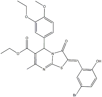 ethyl 2-(5-bromo-2-hydroxybenzylidene)-5-(3-ethoxy-4-methoxyphenyl)-7-methyl-3-oxo-2,3-dihydro-5H-[1,3]thiazolo[3,2-a]pyrimidine-6-carboxylate Struktur