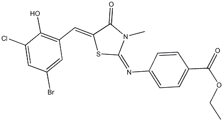 ethyl 4-{[5-(5-bromo-3-chloro-2-hydroxybenzylidene)-3-methyl-4-oxo-1,3-thiazolidin-2-ylidene]amino}benzoate Struktur