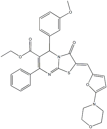 ethyl 5-(3-methoxyphenyl)-2-{[5-(4-morpholinyl)-2-furyl]methylene}-3-oxo-7-phenyl-2,3-dihydro-5H-[1,3]thiazolo[3,2-a]pyrimidine-6-carboxylate Struktur