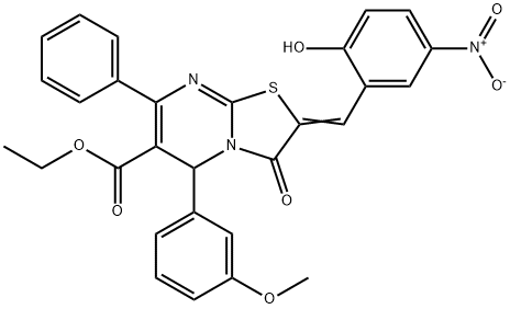 ethyl 2-{2-hydroxy-5-nitrobenzylidene}-5-(3-methoxyphenyl)-3-oxo-7-phenyl-2,3-dihydro-5H-[1,3]thiazolo[3,2-a]pyrimidine-6-carboxylate Struktur