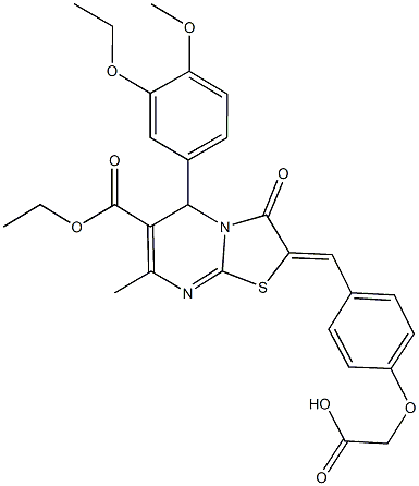 {4-[(6-(ethoxycarbonyl)-5-(3-ethoxy-4-methoxyphenyl)-7-methyl-3-oxo-5H-[1,3]thiazolo[3,2-a]pyrimidin-2(3H)-ylidene)methyl]phenoxy}acetic acid Struktur