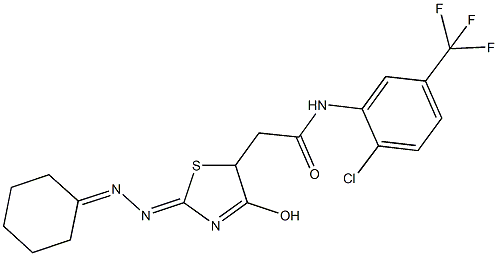 N-[2-chloro-5-(trifluoromethyl)phenyl]-2-[2-(cyclohexylidenehydrazono)-4-hydroxy-2,5-dihydro-1,3-thiazol-5-yl]acetamide Struktur