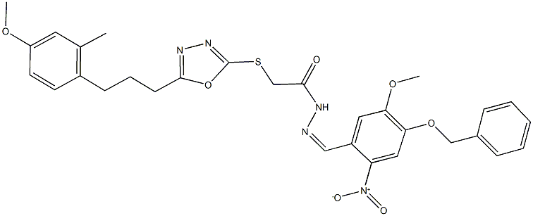 N'-{4-(benzyloxy)-2-nitro-5-methoxybenzylidene}-2-({5-[3-(4-methoxy-2-methylphenyl)propyl]-1,3,4-oxadiazol-2-yl}sulfanyl)acetohydrazide Struktur