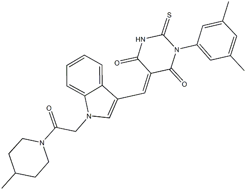 1-(3,5-dimethylphenyl)-5-({1-[2-(4-methyl-1-piperidinyl)-2-oxoethyl]-1H-indol-3-yl}methylene)-2-thioxodihydro-4,6(1H,5H)-pyrimidinedione Struktur