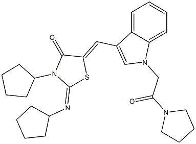 3-cyclopentyl-2-(cyclopentylimino)-5-({1-[2-oxo-2-(1-pyrrolidinyl)ethyl]-1H-indol-3-yl}methylene)-1,3-thiazolidin-4-one Struktur