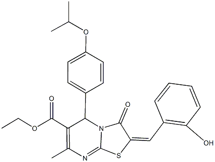 ethyl 2-(2-hydroxybenzylidene)-5-(4-isopropoxyphenyl)-7-methyl-3-oxo-2,3-dihydro-5H-[1,3]thiazolo[3,2-a]pyrimidine-6-carboxylate Struktur