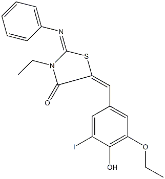 5-(3-ethoxy-4-hydroxy-5-iodobenzylidene)-3-ethyl-2-(phenylimino)-1,3-thiazolidin-4-one Struktur