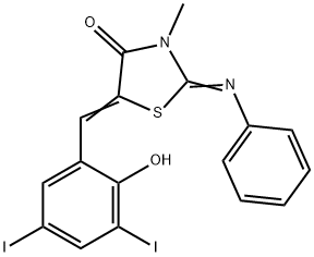 5-(2-hydroxy-3,5-diiodobenzylidene)-3-methyl-2-(phenylimino)-1,3-thiazolidin-4-one Struktur