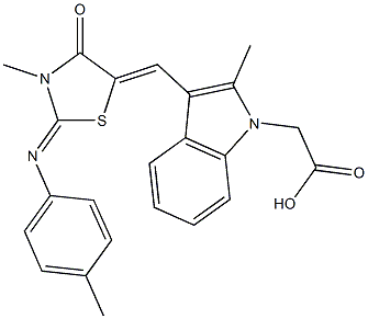 [2-methyl-3-({3-methyl-2-[(4-methylphenyl)imino]-4-oxo-1,3-thiazolidin-5-ylidene}methyl)-1H-indol-1-yl]acetic acid Struktur