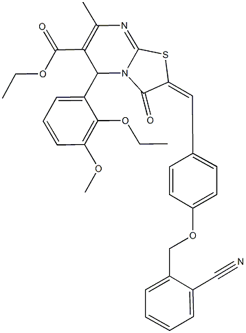 ethyl 2-{4-[(2-cyanobenzyl)oxy]benzylidene}-5-(2-ethoxy-3-methoxyphenyl)-7-methyl-3-oxo-2,3-dihydro-5H-[1,3]thiazolo[3,2-a]pyrimidine-6-carboxylate Struktur