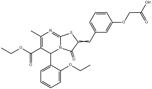 {3-[(6-(ethoxycarbonyl)-5-(2-ethoxyphenyl)-7-methyl-3-oxo-5H-[1,3]thiazolo[3,2-a]pyrimidin-2(3H)-ylidene)methyl]phenoxy}acetic acid Struktur