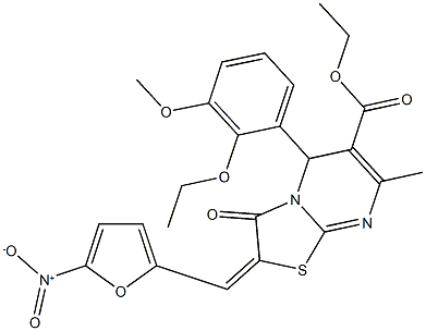 ethyl 5-(2-ethoxy-3-methoxyphenyl)-2-({5-nitro-2-furyl}methylene)-7-methyl-3-oxo-2,3-dihydro-5H-[1,3]thiazolo[3,2-a]pyrimidine-6-carboxylate Struktur