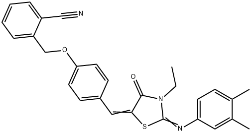 2-{[4-({2-[(3,4-dimethylphenyl)imino]-3-ethyl-4-oxo-1,3-thiazolidin-5-ylidene}methyl)phenoxy]methyl}benzonitrile Struktur