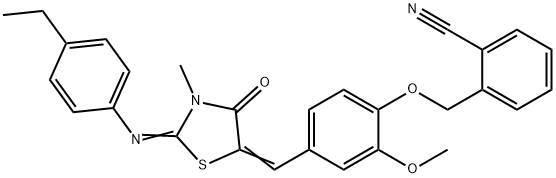 2-{[4-({2-[(4-ethylphenyl)imino]-3-methyl-4-oxo-1,3-thiazolidin-5-ylidene}methyl)-2-methoxyphenoxy]methyl}benzonitrile Struktur