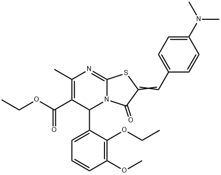 ethyl 2-[4-(dimethylamino)benzylidene]-5-(2-ethoxy-3-methoxyphenyl)-7-methyl-3-oxo-2,3-dihydro-5H-[1,3]thiazolo[3,2-a]pyrimidine-6-carboxylate Struktur