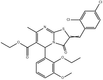 ethyl 2-(2,4-dichlorobenzylidene)-5-(2-ethoxy-3-methoxyphenyl)-7-methyl-3-oxo-2,3-dihydro-5H-[1,3]thiazolo[3,2-a]pyrimidine-6-carboxylate Struktur