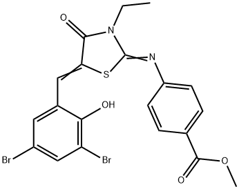 methyl 4-{[5-(3,5-dibromo-2-hydroxybenzylidene)-3-ethyl-4-oxo-1,3-thiazolidin-2-ylidene]amino}benzoate Struktur