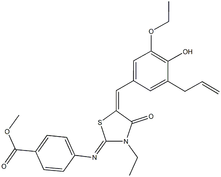 methyl 4-{[5-(3-allyl-5-ethoxy-4-hydroxybenzylidene)-3-ethyl-4-oxo-1,3-thiazolidin-2-ylidene]amino}benzoate Struktur