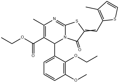 ethyl 5-(2-ethoxy-3-methoxyphenyl)-7-methyl-2-[(3-methyl-2-thienyl)methylene]-3-oxo-2,3-dihydro-5H-[1,3]thiazolo[3,2-a]pyrimidine-6-carboxylate Struktur