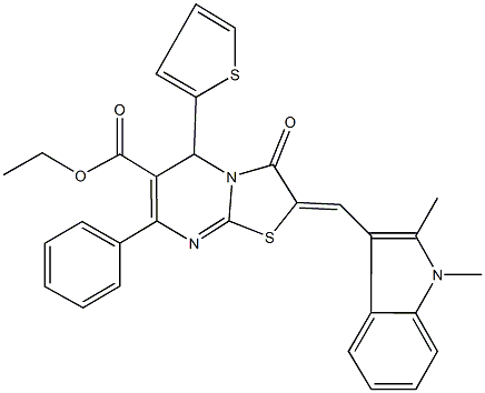 ethyl 2-[(1,2-dimethyl-1H-indol-3-yl)methylene]-3-oxo-7-phenyl-5-(2-thienyl)-2,3-dihydro-5H-[1,3]thiazolo[3,2-a]pyrimidine-6-carboxylate Struktur