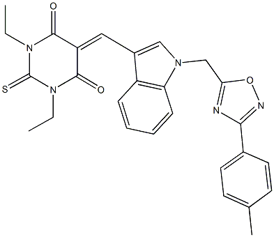 1,3-diethyl-5-[(1-{[3-(4-methylphenyl)-1,2,4-oxadiazol-5-yl]methyl}-1H-indol-3-yl)methylene]-2-thioxodihydro-4,6(1H,5H)-pyrimidinedione Struktur