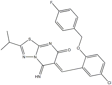 6-{5-chloro-2-[(4-fluorobenzyl)oxy]benzylidene}-5-imino-2-isopropyl-5,6-dihydro-7H-[1,3,4]thiadiazolo[3,2-a]pyrimidin-7-one Struktur