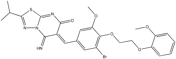 6-{3-bromo-5-methoxy-4-[2-(2-methoxyphenoxy)ethoxy]benzylidene}-5-imino-2-isopropyl-5,6-dihydro-7H-[1,3,4]thiadiazolo[3,2-a]pyrimidin-7-one Struktur