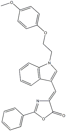 4-({1-[2-(4-methoxyphenoxy)ethyl]-1H-indol-3-yl}methylene)-2-phenyl-1,3-oxazol-5(4H)-one Struktur