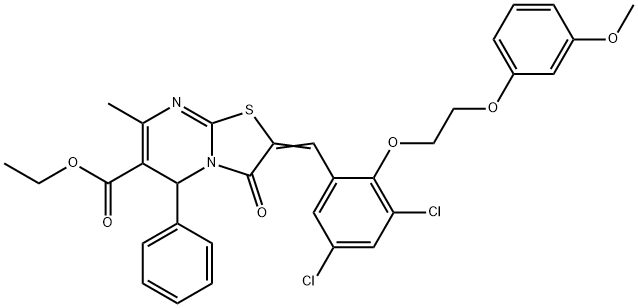 ethyl 2-{3,5-dichloro-2-[2-(3-methoxyphenoxy)ethoxy]benzylidene}-7-methyl-3-oxo-5-phenyl-2,3-dihydro-5H-[1,3]thiazolo[3,2-a]pyrimidine-6-carboxylate Struktur