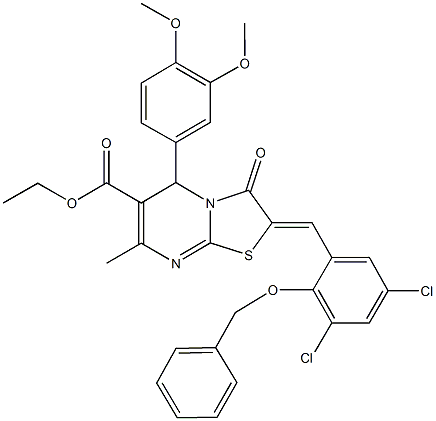 ethyl 2-[2-(benzyloxy)-3,5-dichlorobenzylidene]-5-(3,4-dimethoxyphenyl)-7-methyl-3-oxo-2,3-dihydro-5H-[1,3]thiazolo[3,2-a]pyrimidine-6-carboxylate Struktur