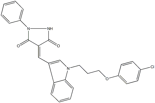 4-({1-[3-(4-chlorophenoxy)propyl]-1H-indol-3-yl}methylene)-1-phenyl-3,5-pyrazolidinedione Struktur