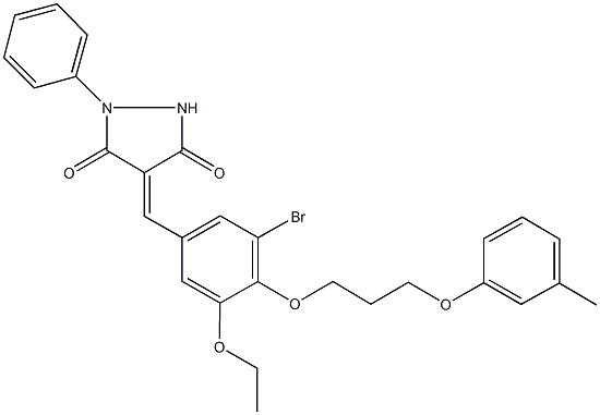 4-{3-bromo-5-ethoxy-4-[3-(3-methylphenoxy)propoxy]benzylidene}-1-phenyl-3,5-pyrazolidinedione Struktur