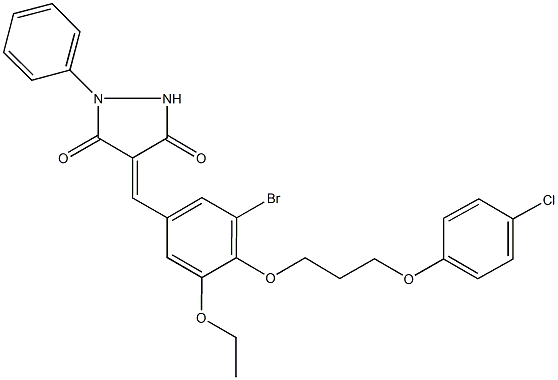 4-{3-bromo-4-[3-(4-chlorophenoxy)propoxy]-5-ethoxybenzylidene}-1-phenyl-3,5-pyrazolidinedione Struktur