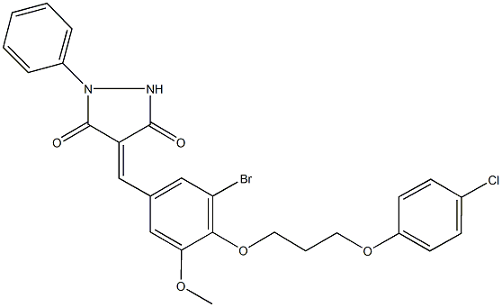 4-{3-bromo-4-[3-(4-chlorophenoxy)propoxy]-5-methoxybenzylidene}-1-phenyl-3,5-pyrazolidinedione Struktur