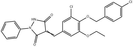 4-{3-chloro-4-[(4-chlorobenzyl)oxy]-5-ethoxybenzylidene}-1-phenyl-3,5-pyrazolidinedione Struktur