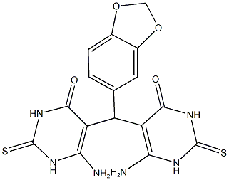 6-amino-5-[(6-amino-4-oxo-2-thioxo-1,2,3,4-tetrahydropyrimidin-5-yl)(1,3-benzodioxol-5-yl)methyl]-2-thioxo-2,3-dihydropyrimidin-4(1H)-one Struktur