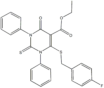 ethyl 6-[(4-fluorobenzyl)sulfanyl]-4-oxo-1,3-diphenyl-2-thioxo-1,2,3,4-tetrahydro-5-pyrimidinecarboxylate Struktur