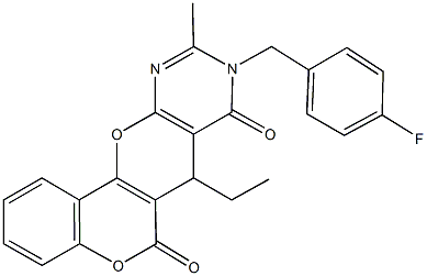 7-ethyl-9-(4-fluorobenzyl)-10-methyl-7,9-dihydro-6H,8H-chromeno[3',4':5,6]pyrano[2,3-d]pyrimidine-6,8-dione Struktur