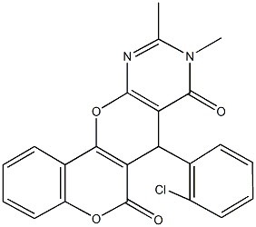 7-(2-chlorophenyl)-9,10-dimethyl-7,9-dihydro-6H,8H-chromeno[3',4':5,6]pyrano[2,3-d]pyrimidine-6,8-dione Struktur