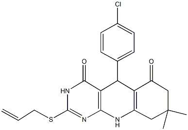 2-(allylthio)-5-(4-chlorophenyl)-8,8-dimethyl-5,8,9,10-tetrahydropyrimido[4,5-b]quinoline-4,6(3H,7H)-dione Struktur