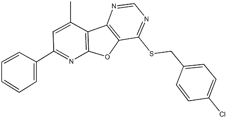 4-[(4-chlorobenzyl)thio]-9-methyl-7-phenylpyrido[3',2':4,5]furo[3,2-d]pyrimidine Struktur