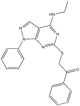 2-{[4-(ethylamino)-1-phenyl-1H-pyrazolo[3,4-d]pyrimidin-6-yl]sulfanyl}-1-phenylethanone Struktur