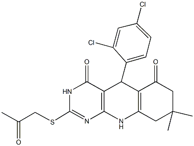 5-(2,4-dichlorophenyl)-8,8-dimethyl-2-[(2-oxopropyl)sulfanyl]-5,8,9,10-tetrahydropyrimido[4,5-b]quinoline-4,6(3H,7H)-dione Struktur