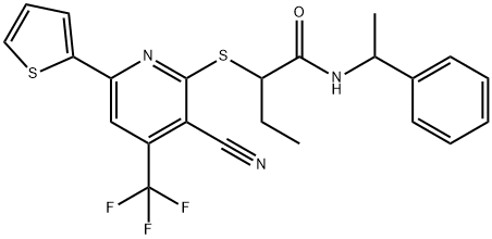 2-{[3-cyano-6-thien-2-yl-4-(trifluoromethyl)pyridin-2-yl]sulfanyl}-N-(1-phenylethyl)butanamide Struktur