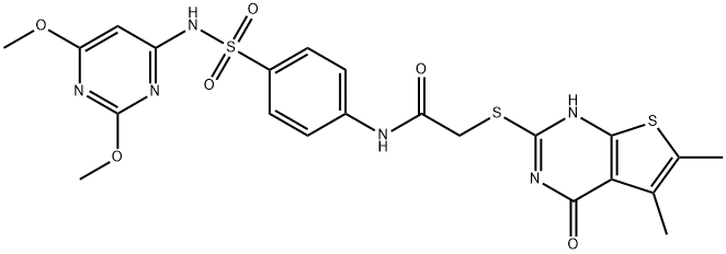 N-(4-{[(2,6-dimethoxy-4-pyrimidinyl)amino]sulfonyl}phenyl)-2-[(5,6-dimethyl-4-oxo-3,4-dihydrothieno[2,3-d]pyrimidin-2-yl)sulfanyl]acetamide Struktur