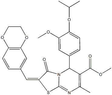 methyl 2-(2,3-dihydro-1,4-benzodioxin-6-ylmethylene)-5-(4-isopropoxy-3-methoxyphenyl)-7-methyl-3-oxo-2,3-dihydro-5H-[1,3]thiazolo[3,2-a]pyrimidine-6-carboxylate Struktur